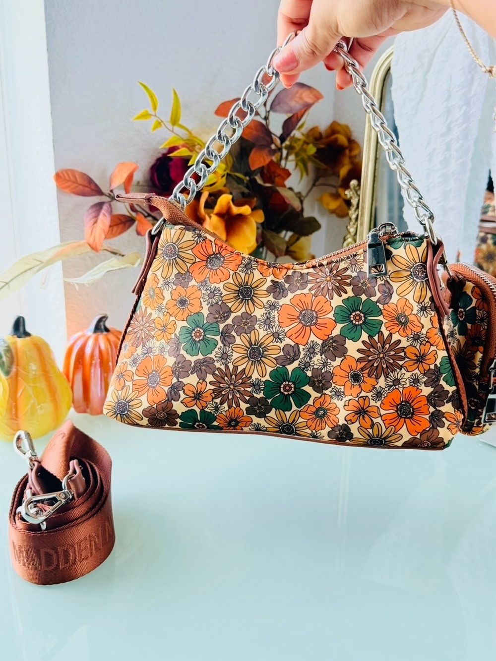 Floral Chain-Handle Shoulder Bag - Orange, Green & Brown